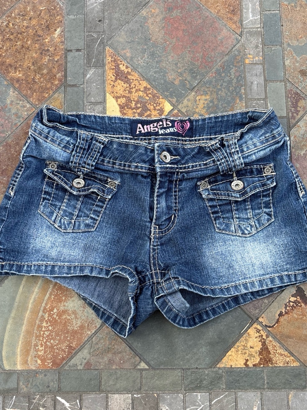 Angels Jeans Women's Washed Blue Denim Low-Rise Short Shorts